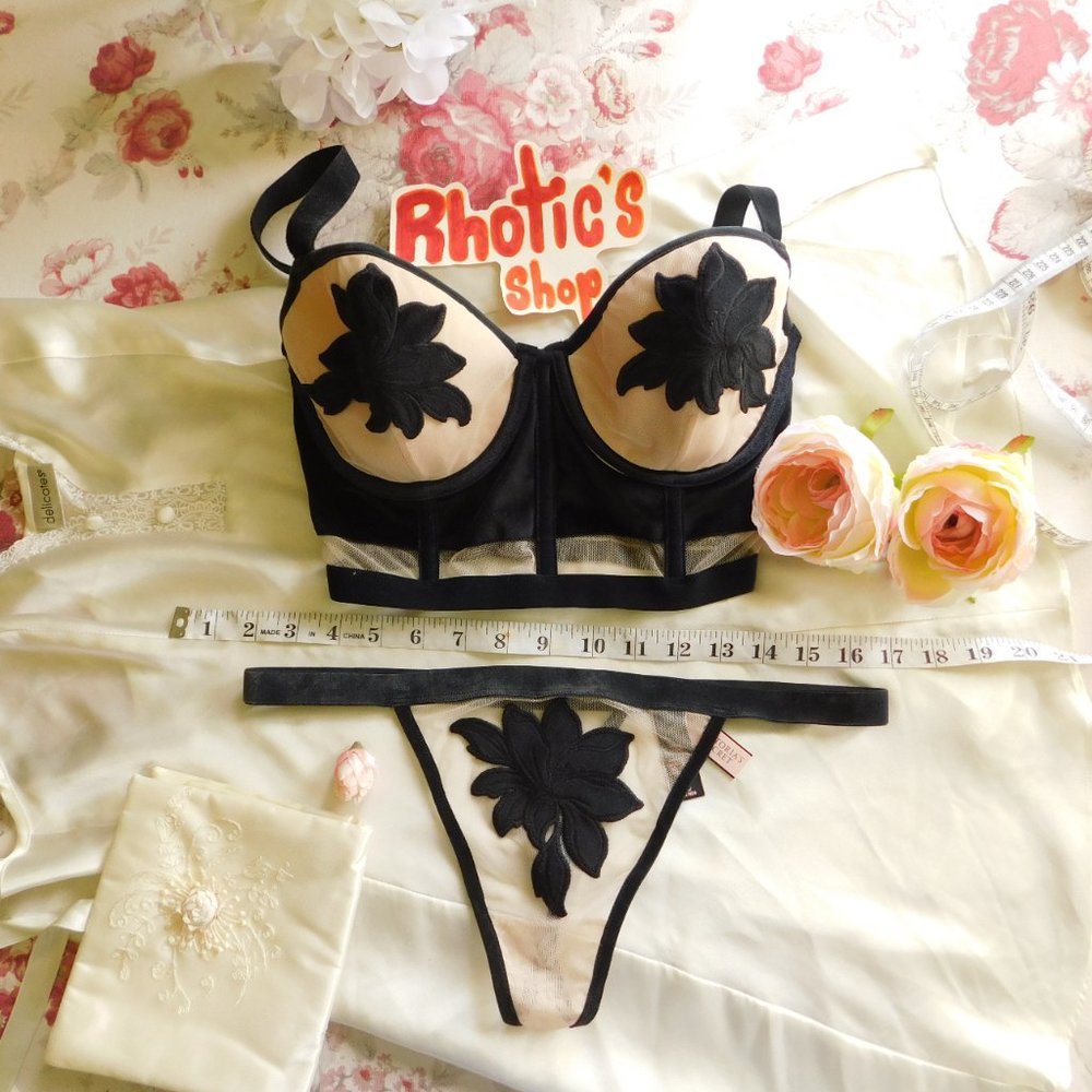 Velvet Applique and Mesh Caged Bra/Thong Set